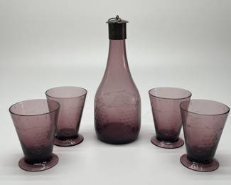 Vintage Grape Themed Cut Amethyst Glass Decanter