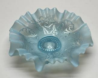 Vintage Northwood "Blossoms & Palms" Pattern Blue Ruffled Bowl