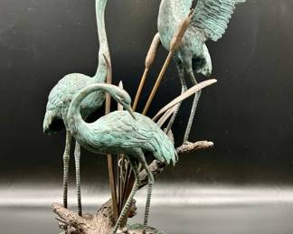 3 Bronze Herons Metal Sculpture on Marble Base