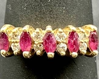14K Gold Ruby w/ Diamond Marquise Cut Ring