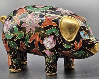 Asian Cloisonné Pig Figurine Brass Snout Ears Tail