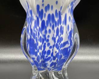 Blown Art Glass Cased Blue & White Splatter Vase