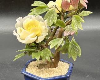 Faux Yellow Peony Glass & Stone Plant in Blue Pot