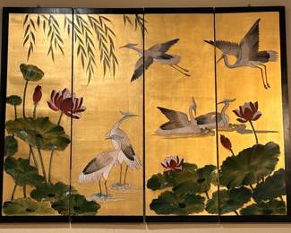 Golden Metallic Wooden Hinged Asian Screen