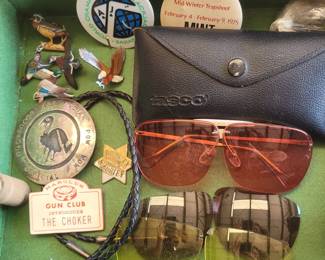 Sterling Native American Bolo Tie, Tasco Hunting Glasses, misc. Pins and smalls
