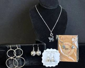 Silver tone Pierced Earrings * Cat Pendant Necklace

