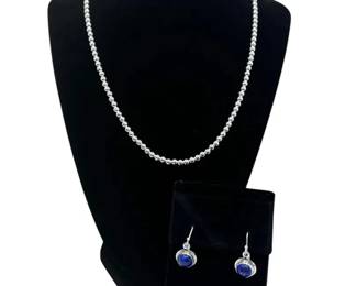 925 Sterling Silver Italy Ball Bead Necklace * 925 Silver Lapis Earrings
