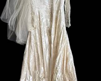 Vintage Beverly Hills Ivory Satin Wedding Dress * CAHILL LTD * Long Train * Beaded Headpiece
