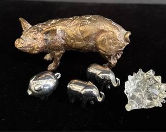 Small Metal Pigs and Elephant Figurines * Glass Hedgehog
