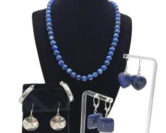 925 Sterling Silver / Lapis Bead Necklace * Two 925 Pierced Earrings 12.90g
