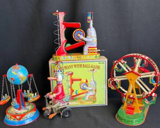 Vintage Metal Toys * Ferris Wheel; Globe Fair Ride & Duck On Bike

