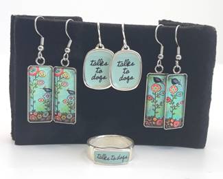 Poulin Folk Art Style Crows and Dogs Wire Earrings and Ring
