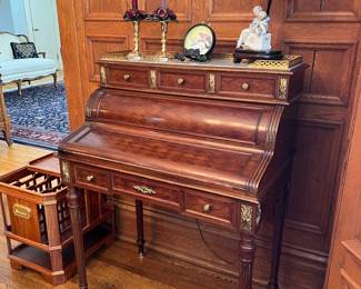 Petite antique French desk, Royal Doulton lamp