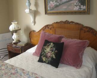 Double size adjustable lift bed, pair of night stands, hurricane lamps, needlepoint pillow