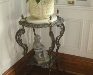 Ornate marble and brass plant stand, child reading a book statue