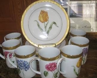 Set of botanical themed plates and mugs
