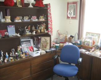 MCM corner unit, office chair, nativities, vintage Putz miniature village, sewing notions