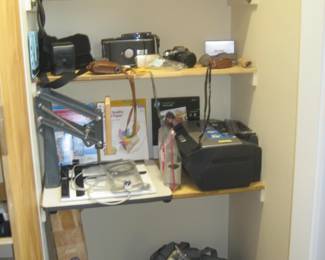 Olympus, Canon, Pentax and Kodak cameras and photo equipment, original Polaroid Land Camera, Continental tripod