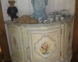 Hand painted demi lune chest, antique doll and teddy bear, child's china tea set