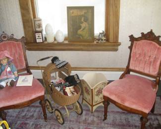 Victorian Eastlake chairs, American Girl doll "Kirsten", Scandinavian winter outfit, child's antique buggy