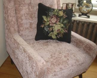 Upholstered chair (1 of a pair), needlepoint pillow