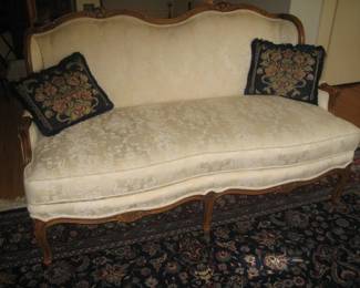 Highland House French-style loveseat, needlepoint pillows