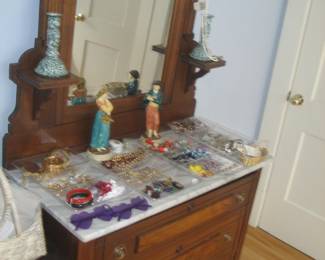 Victorian dresser with marble top, costume jewelry