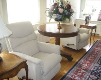 Luxury recliners (pair), antique occasional tables, table lamps