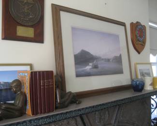 Pair of bronze bookends, Navy plaques, framed riverboat art