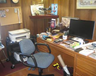 Wood desk, office chair, printer, Acer monitor
