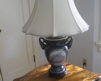 Antique maritime-themed table lamp (1 of a pair) and antique occasional table
