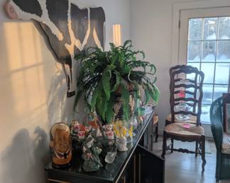 plant, pot, candlesticks, mcm glasses, antique chairs