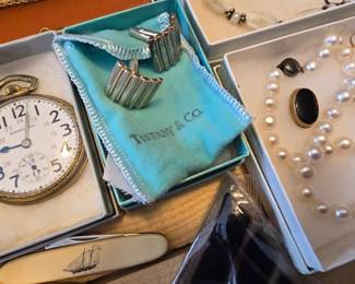 Antique Hamilton pocket watch, Sterling Tiffany cufflinks, pearls, 10K Ring