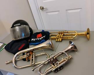 Custom made trumpets, pilot helmet 
