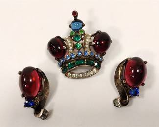 CORO STERLING CROWN PIN AND EARRINGS 