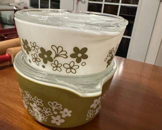 Vintage Pyrex Spring Blossom (also known as Crazy Daisy) casserole dishes