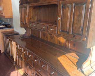 vintage Ethan Allen Old Tavern two-piece pine wood buffet and hutch