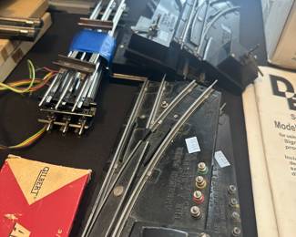 vintage American Flyer S-gauge model train track switches and accessories, manufactured by the AC Gilbert Company