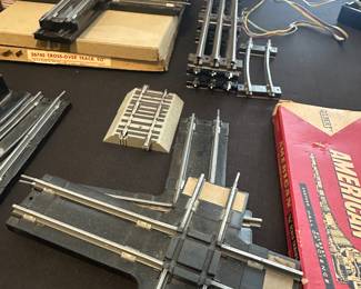 vintage American Flyer S-gauge model train track switches and accessories, manufactured by the AC Gilbert Compan