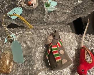 vintage Christmas ornaments including a cardinal