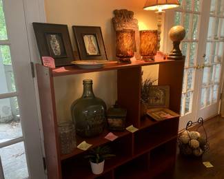 Various decorative items. Artwork, lamp, vases, plates