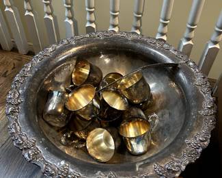 Silver-plate punch bowl, Ladel, Cups