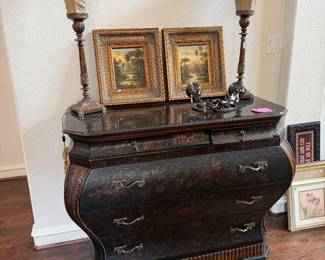Drexel commode chest, pair of framed art, pair of up light lamps
