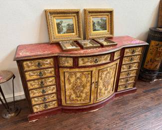 Sideboard, framed art, small mirrors