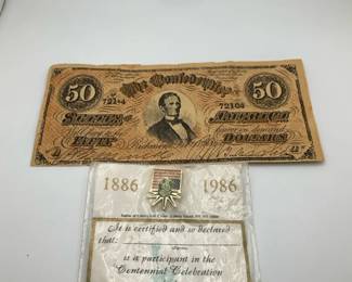 1864 Confederate States of America $50 Note with Statue of Liberty Centennial Certificate Pin