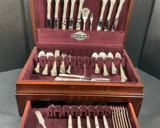 Heirloom Sterling Silver Flatware with Ornate Pattern in Wooden Chest