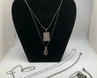 a.925 Necklace Lot with Ornate Pendants, Layered Chains Decorative Motifs