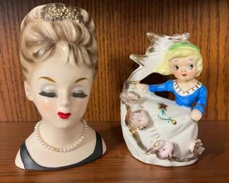 Vintage MidCentury Ceramic Head Vase and Girl Figurine Pair
