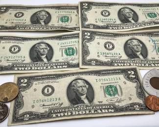 Vintage U.S. Currency Coin Collectible $2 Bills, Eisenhower Dollar  Lincoln Cents