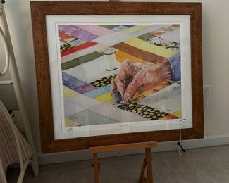 H30 - $40. Hannah "Hanni" Dodson framed print. Measures 27.5" x 23". (Hillsborough, NC Artist) Titled "Quilting Hand". 